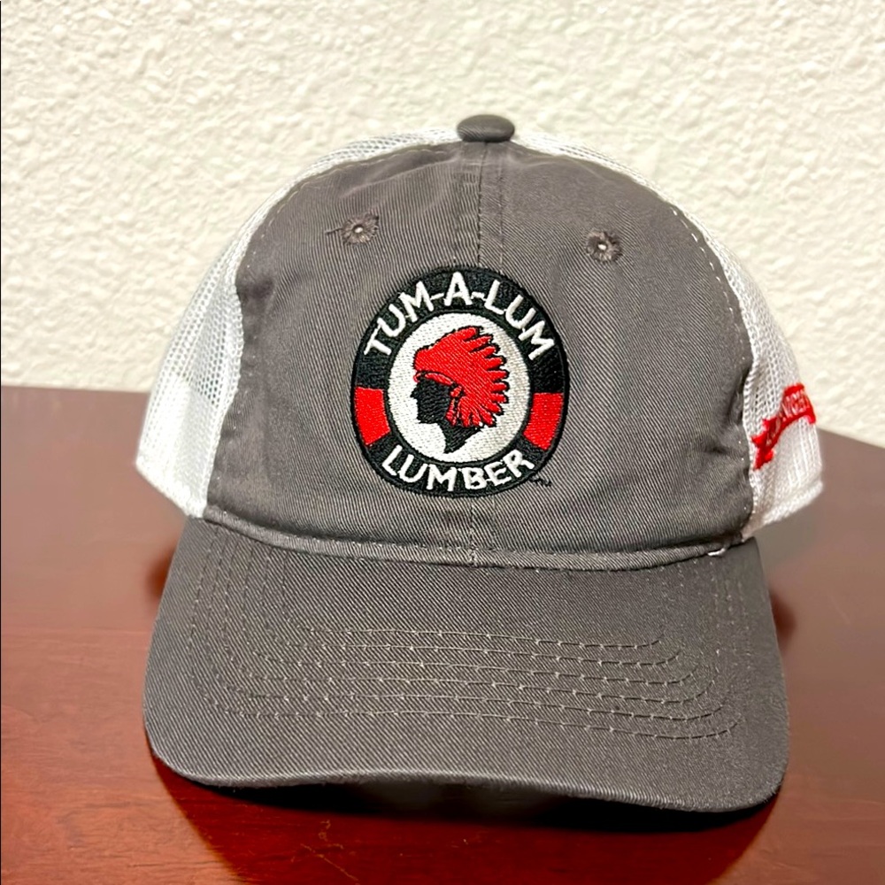 Gray and White Tum-A-Lum Lumber Cap trucker hat women